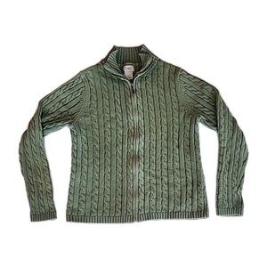 LL Bean Chunky Cable Knit Zip Cardigan Preppy Cotton Sweater Green Womens Sz M